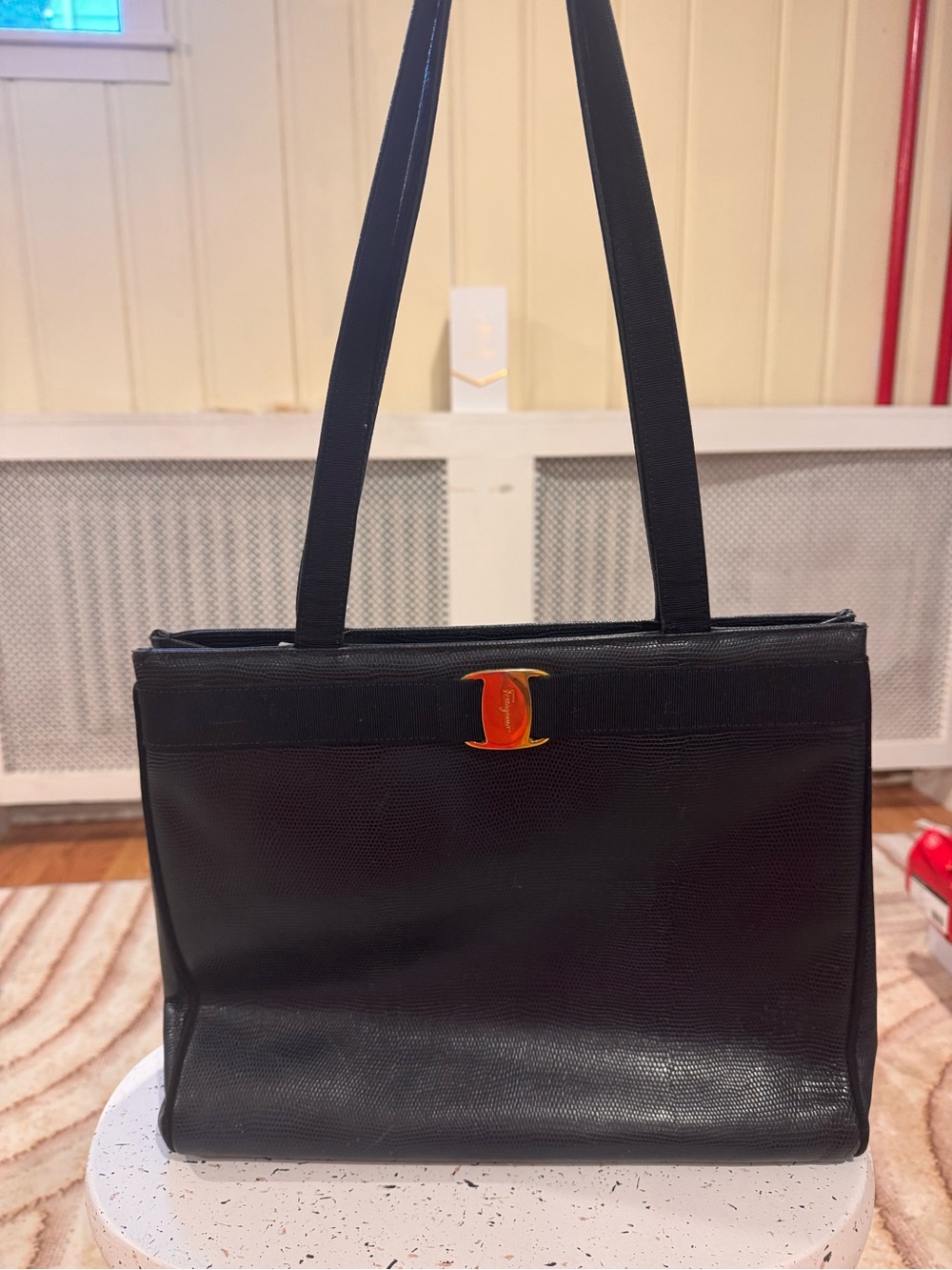 Salvatore Ferragamo Black Embossed Leather Shoulder Tote Bag Made in Italy